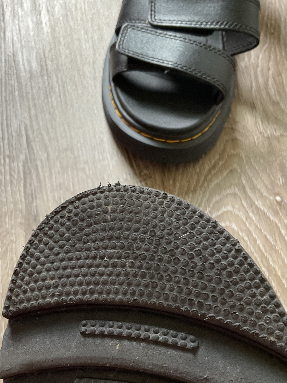 Dr. Martens Klaire Y Black Leather Platform Sandals with Yellow Stitching - Picture 2 of 7